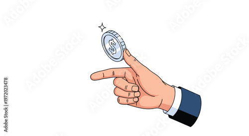Hand in a suit sleeve flipping a silver dollar coin into the air symbolizing chance gambling or financial decisions.