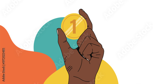 Close up of a hand holding a golden coin with the number one on it against an abstract colorful background for success.