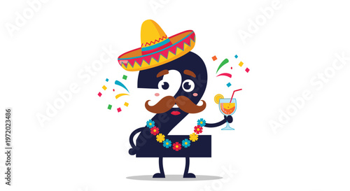 Cartoon number two character wearing a sombrero mustache and lei holding a cocktail glass at a festive party event.