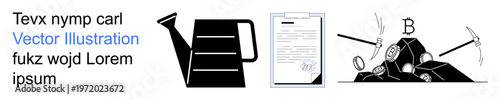 Agriculture, finance, blockchain, mining, legal documents, technology. Black watering can, a contract with a pen and cryptocurrency mining elements with pickaxes and coins. Agriculture and finance