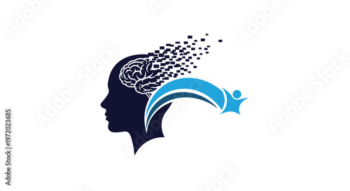 Logo of a human head with pixelated brain parts turning into a flying figure representing mental transformation.