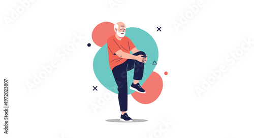 Active senior man performing a knee-to-chest leg stretch for fitness and flexibility against an abstract background of colorful shapes and icons.