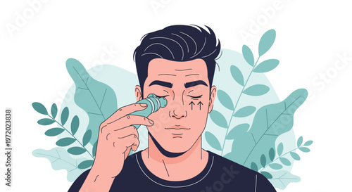 Modern illustration of a young man using a cooling eye roller product for skincare against a lush background of green tropical leaves and plants.