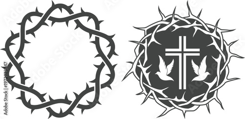 Jesus Christ portrait icon set with crown of thorns and Christian symbols including cross and crucifix on white background, ideal for religious and spiritual designs.