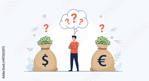 Illustration of a man standing between large bags of dollar and euro cash thinking about money exchange or investment options with question marks.