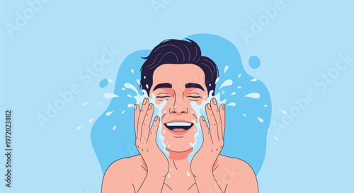 Man washing his face with refreshing water splashes to start his morning skincare routine against a bright blue background with liquid shapes.