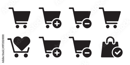 Shopping cart and paper bag icons set for ecommerce website including add to cart and wishlist symbols