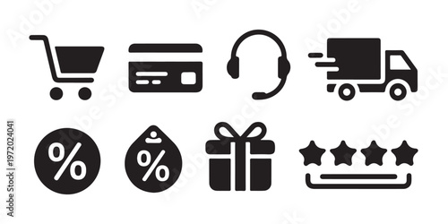 Web store shopping features icons with fast shipping delivery truck and customer feedback star rating