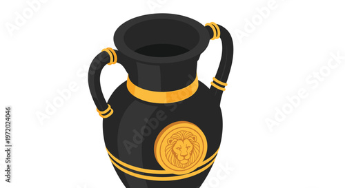 Classic black ceramic urn with golden bands and a prominent lion head medallion on its side in a three-dimensional perspective view.