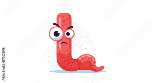 Quirky red worm cartoon character with huge googly eyes and an annoyed expression surrounded by faint smoke or dust clouds on a white background.