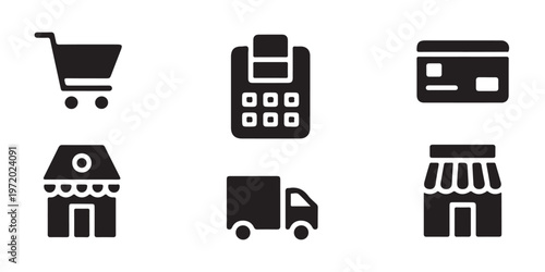 Collection of shopping and payment icons representing online and retail business