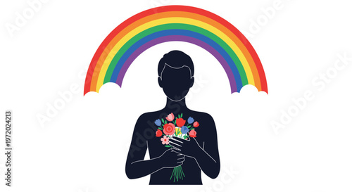 Silhouette of a person holding a colorful bouquet of flowers under a large vibrant rainbow with white clouds on a plain white background.