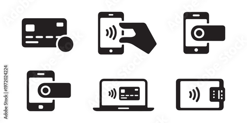 Set of contactless payment icons with smartphone credit card and laptop
