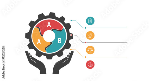 Infographic illustration of a large gear with parts A and B being held by two hands with colorful icon bubbles for business process analysis.