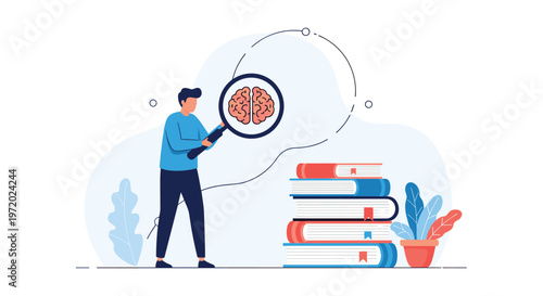 Man in blue shirt using a large magnifying glass to study a human brain next to a tall stack of books symbolizing research and knowledge.