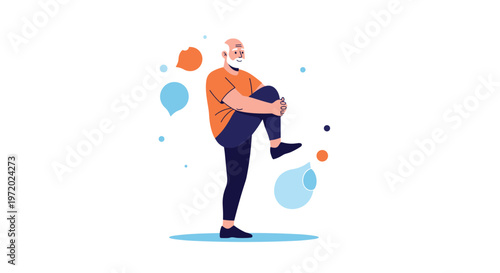Elderly man performing a knee-pull stretch for flexibility and balance against a white background with floating abstract shapes and bubbles.