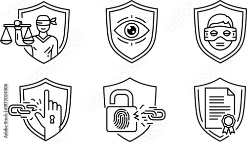 Clean outline information security and cyber rights symbols collection, "Created with AI assistance and manually refined."