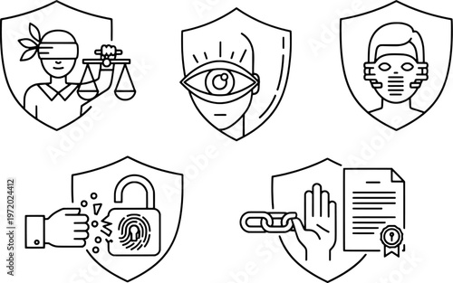 Minimalist cyber ethics and digital rights shield icon set, data privacy vector, "Created with AI assistance and manually refined."
