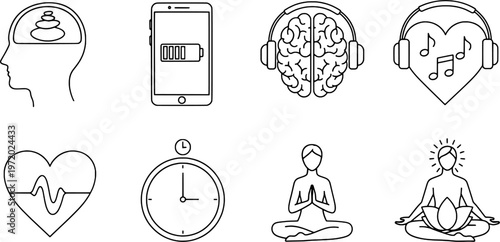 Minimalist digital wellness and mindfulness icon set, mental health balance vector, "Created with AI assistance and manually refined."