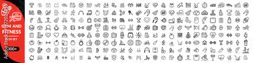Gym and fitness icon set. Containing healthy lifestyle, weight training, body care and workout or exercise equipment icons.