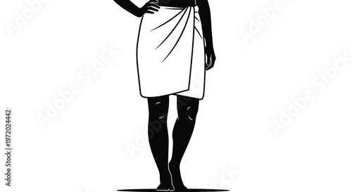 Minimalist black and white silhouette of a person wearing a white towel or sarong wrapped around their waist on a clean white background.