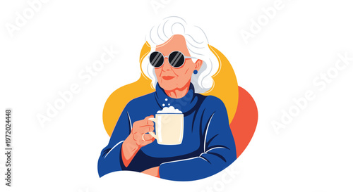 Stylish elderly woman with white hair and black sunglasses holding a steaming mug of coffee or tea against a bright abstract background.