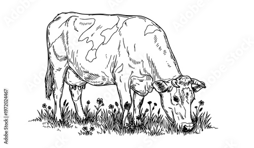 Realistic dairy cow grazing detailed line art farm animal vector illustration