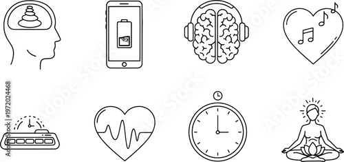 Clean outline mindful productivity and self-care symbols collection, zen lifestyle set, "Created with AI assistance and manually refined."