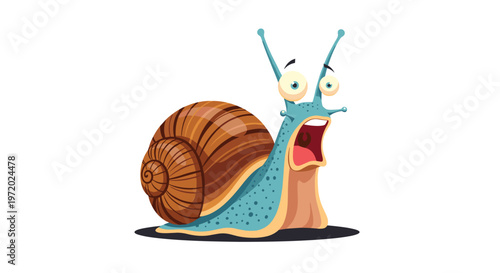 Funny cartoon snail with a wide-open mouth and large expressive eyes looks extremely surprised against a white background.