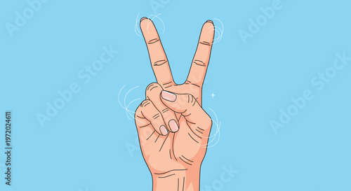 Human hand showing a peace or victory sign with two fingers raised against a light blue background with circular motion lines.