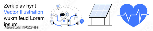Artificial intelligence, renewable energy, sustainable living, healthcare, innovation, digital solutions. Robot with icons, solar panel heart with heartbeat line. AI and renewable energy concept