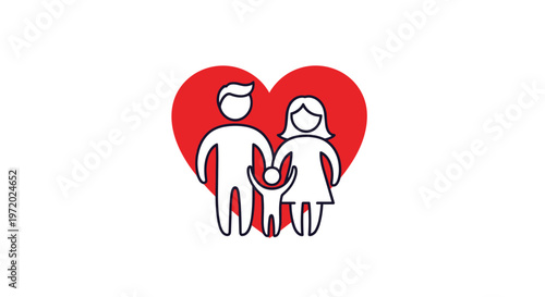 Family icon showing parents and a child standing together in front of a large red heart symbol on a clean white background.