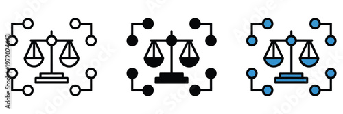 Digital justice scale icon surrounded by network connection points, represents decentralized law, smart contracts, and legal technology in blockchain systems