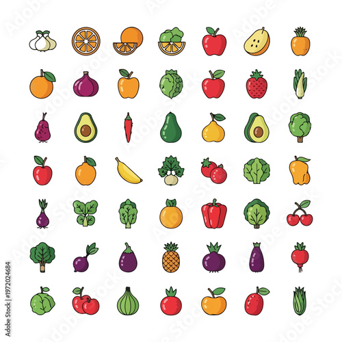 Vector illustration set of fresh fruit and berry icons featuring apple, strawberry, banana, and orange for healthy food design