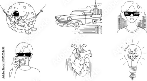 Minimalist retro-futurist lifestyle mashup vector set, creative inspiration line art, "Created with AI assistance and manually refined."