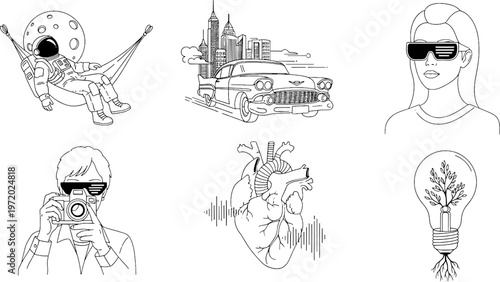 Clean outline creative mashup and duality symbols collection, futuristic lifestyle set, "Created with AI assistance and manually refined."