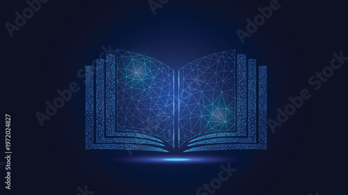 Glowing lowpoly futuristic open book on dark background Luminous Blue Light Digital Concept with Glowing Graduation