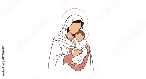 Peaceful illustration of the Virgin Mary holding the infant Jesus depicted in a minimalist style with soft neutral colors.