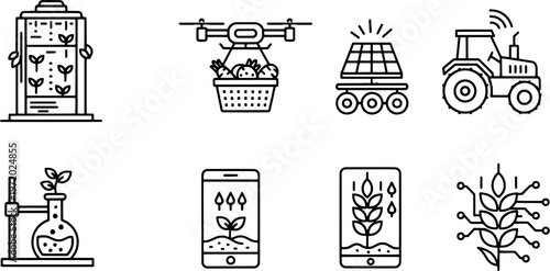 Clean outline digital agriculture and innovative farming symbols collection, "Created with AI assistance and manually refined."
