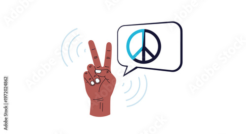 Dark-skinned hand shows a peace sign with a speech bubble containing a peace symbol and circular waves on a white background.