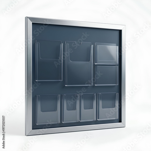 Wall mounted display board with clear pockets for brochures and documents.