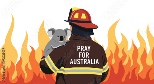 Firefighter carrying a koala on their shoulder stands against a wall of flames with the text pray for australia.