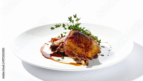 Elegant duck leg confit plated on white dish, golden crispy skin, thyme garnish, rich brown sauce, refined presentation, showcasing culinary artistry, flavor balance, and gourmet excellence.