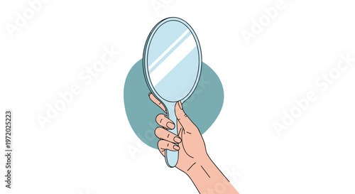 Hand holding a round mirror reflecting light shown against a blue circular background in a clean and simple illustration.