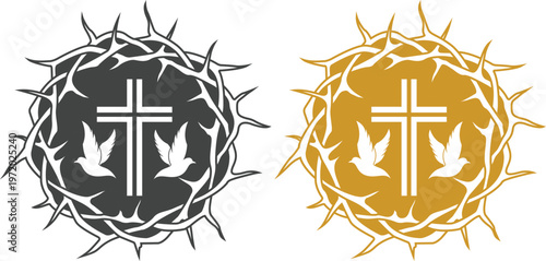 Jesus Christ portrait icon set with crown of thorns and Christian symbols including cross and crucifix on white background, ideal for religious and spiritual designs.