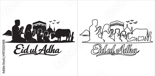 Eid ul Adha family praying with cow silhouette and outline mosque Kaaba birds festive Islamic devotion illustration