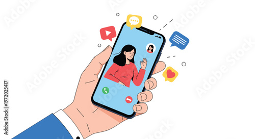 Hand holding a modern smartphone displaying a video call with a young woman waving her hand amidst various social media and heart icons.