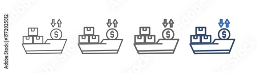 
Outline icon set tariff with ship design, money and up and down arrows