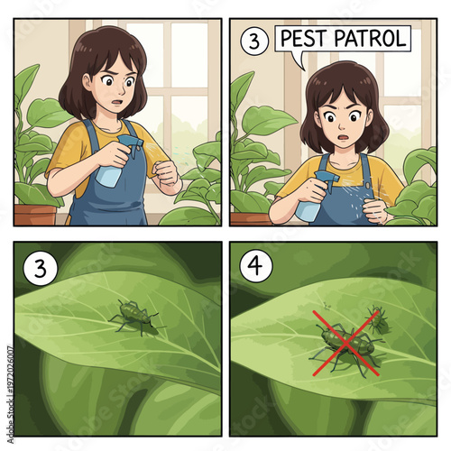 Woman sprays plant to eliminate pests with pest patrol spray.