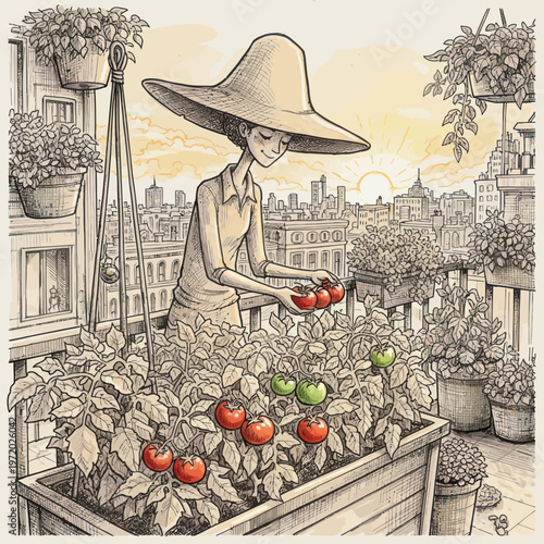 Woman tending to a bountiful tomato garden on a city balcony.